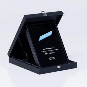 Angled view of the Kaspersky Premium Editors' Choice 2025 award plaque displayed in its presentation box, highlighting the design and engraving