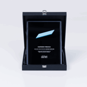 Close-up view of the Kaspersky Premium award plaque inside its black presentation box, presented by MENA Tech as the Editors' Choice 2025