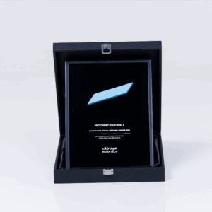 A close-up of the MENA Tech Editors' Choice 2023 award plaque for Nothing Phone 2, recognizing its outstanding smartphone design.