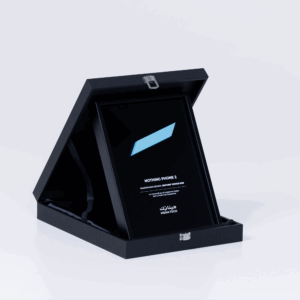 Angled view of the MENA Tech Editors' Choice 2023 award for Nothing Phone 2, highlighting the sleek design of the plaque.