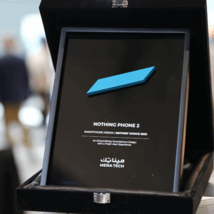 Detailed shot of the MENA Tech Editors' Choice 2023 award for Nothing Phone 2, displayed in its presentation box.