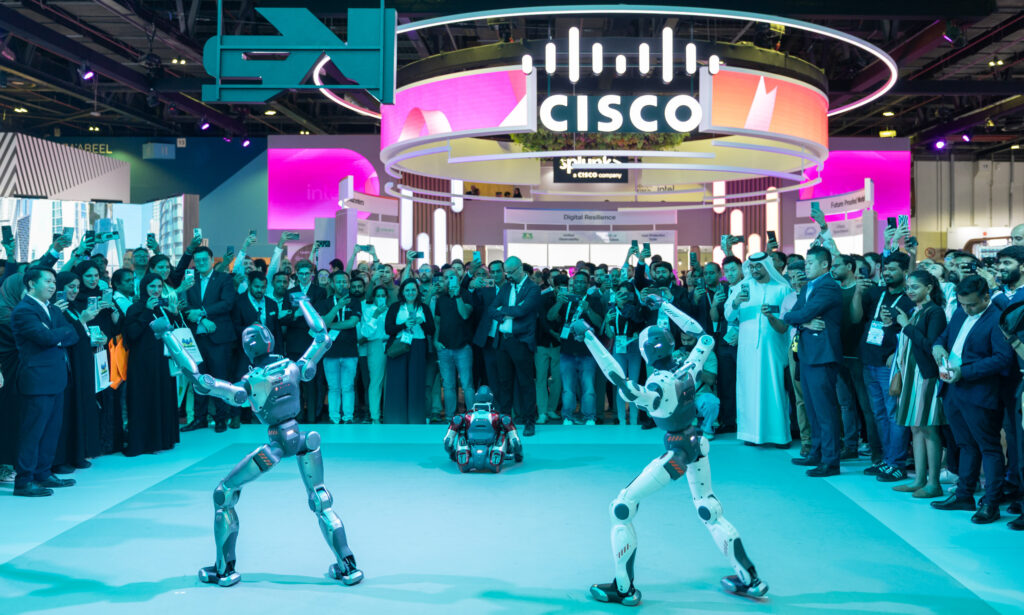 Cutting edge humanoid robots perform live demonstrations at the Cisco stand during GITEX GLOBAL 2025